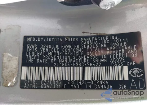 2011 Toyota Corolla Le из США, поврежденный, VIN 2T1BU4EE3BC726422